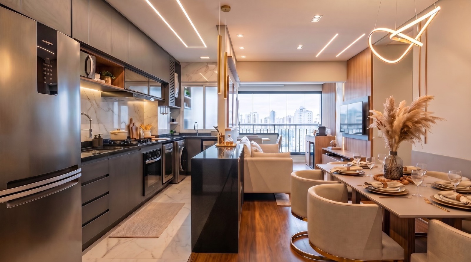 Apartamento integrado com cozinha, living e sala de jantar e vista para a cidade