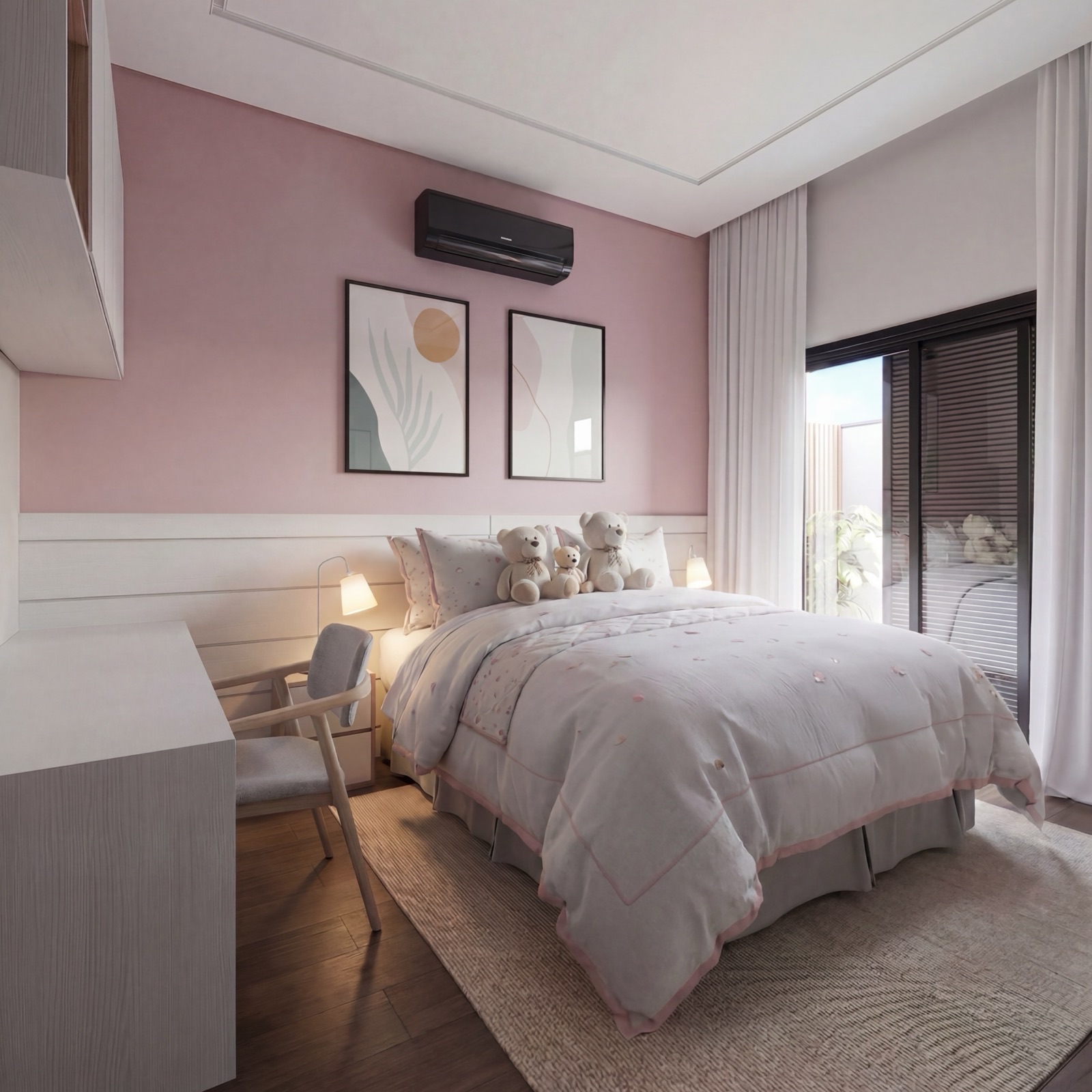 Quarto infantil aconchegante em tons de rosa com marcenaria clara e iluminação suave