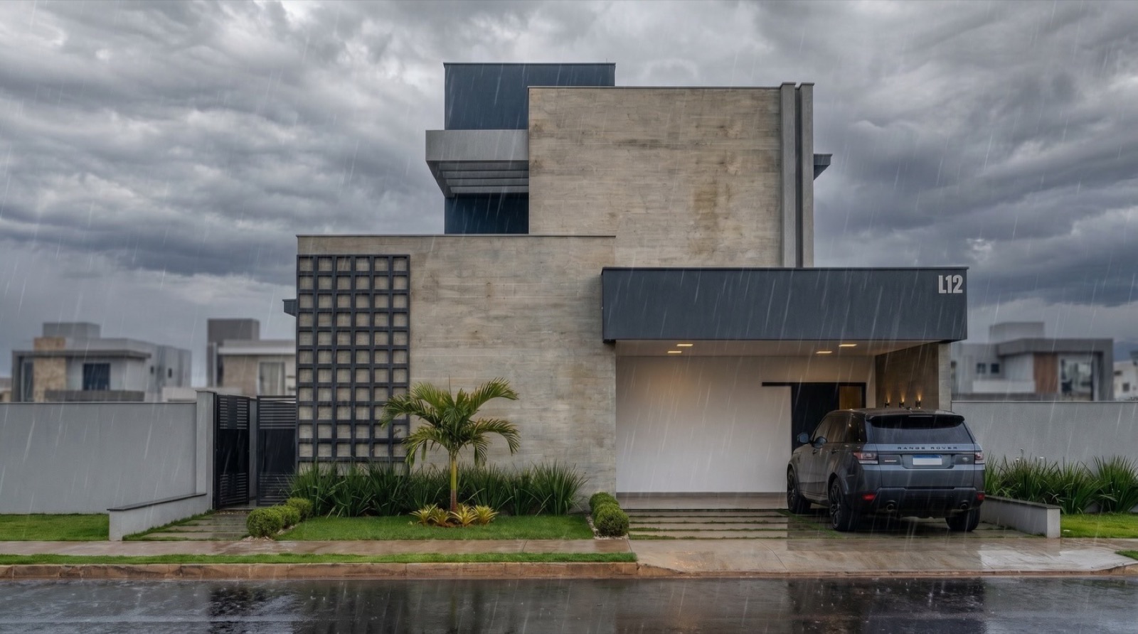 Fachada de residência contemporânea em concreto aparente com cobogó e paisagismo